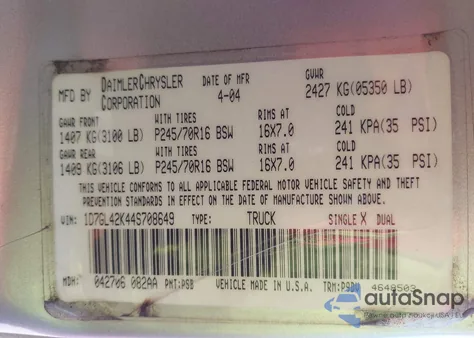 2004 Dodge Dakota Slt from USA, damaged, VIN 1D7GL42K44S708649